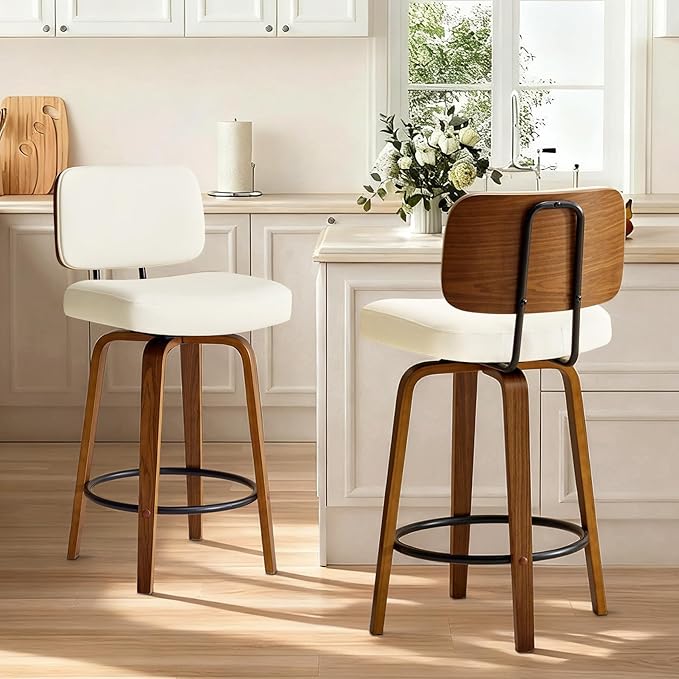 Counter Height Bar Stools Set of 2, 26+inch Swivel Faux Leather Barstool with Back, Upholstered Mid-Century Modern Bar Chairs with Bent Wood Legs for Kitchen Counter, Dining Room, Cream White