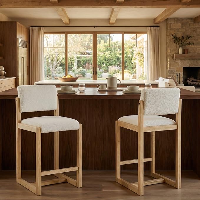 DUOMAY Modern Bar Stools Set of 2, 26" Counter Height Barstools, Sherpa Upholstered Kitchen Island Chair with Light Walnut Color Wood Legs for Home, White