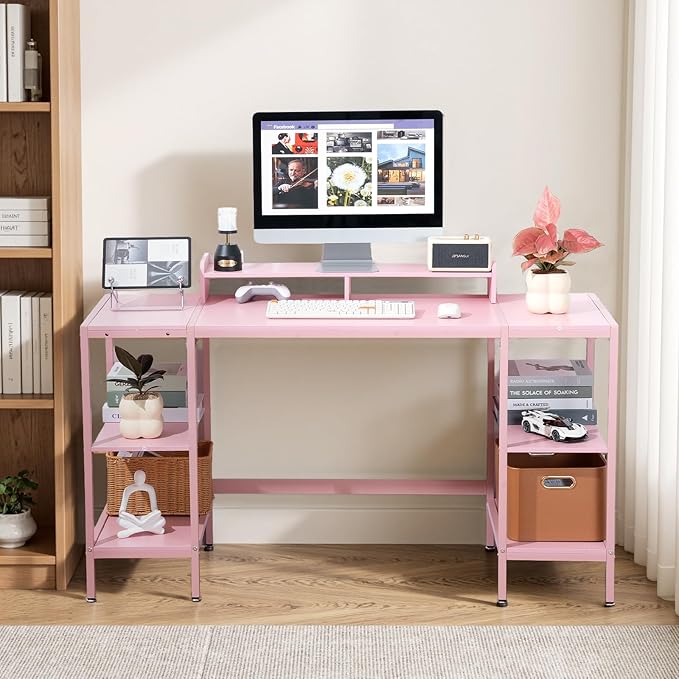 MINOSYS Computer Desk 55-inch with Storage Shelf - Pink Ideal Gaming Desk for Bedrooms, Small Spaces, and Home Offices Modern Writing Desk for PCs.