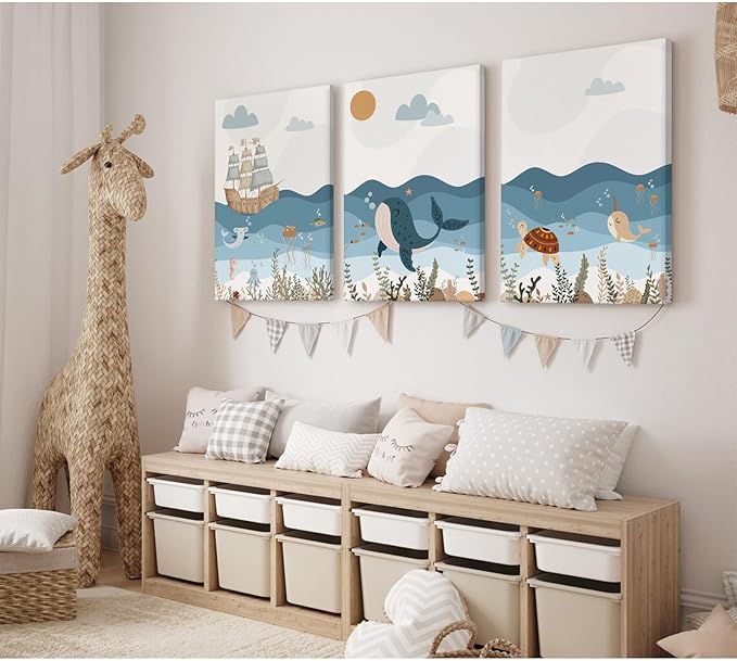Ocean Nursery Wall Art Pictures Blue Nautical Canvas Art Beach Animal Wall Decor Baby Boys Room Wall Art Sea Whale Prints Ocean Nautical Poster for Nursery Baby Room 16x24 Inch Set of 3 Framed