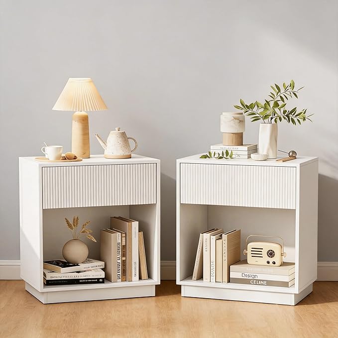 Fluted Nightstands Set of 2, Modern Bedside Table with Drawer and Storage Shelf, Wood End Table Mid Century Night Stands for Bedroom Living Room Sofa Couch Office (White)
