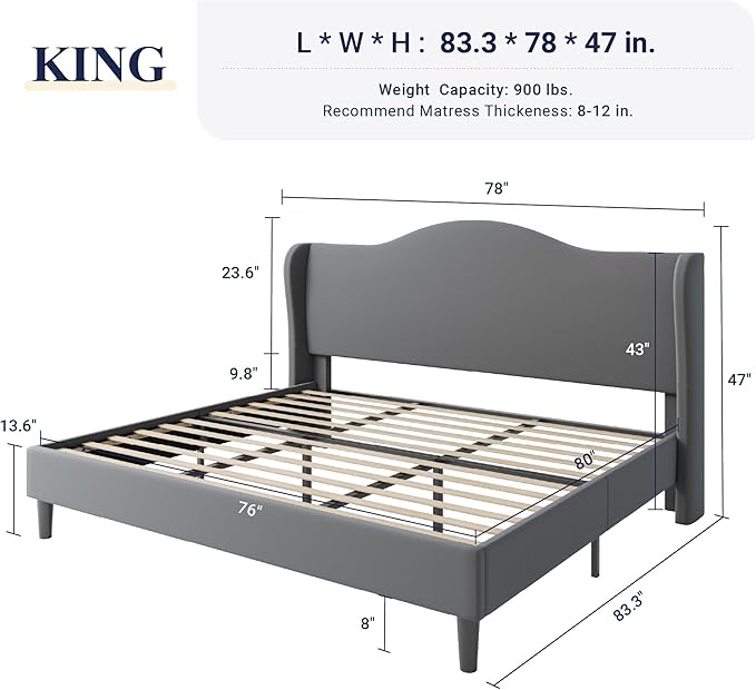 Allewie King Size Bed Frame, Upholstered Wingback Platform with 47" Tall Tufted Headboard, Plush Velvet Fabric, Modern Minimalist Design, No Box Spring Required, Tool-Free Assembly, Grey