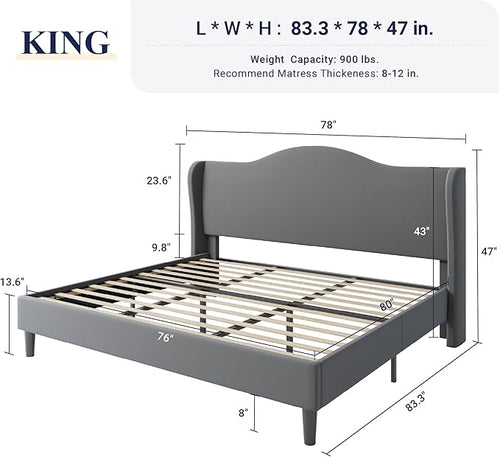 Allewie King Size Bed Frame, Upholstered Wingback Platform with 47" Tall Tufted Headboard, Plush Velvet Fabric, Modern Minimalist Design, No Box Spring Required, Tool-Free Assembly, Grey