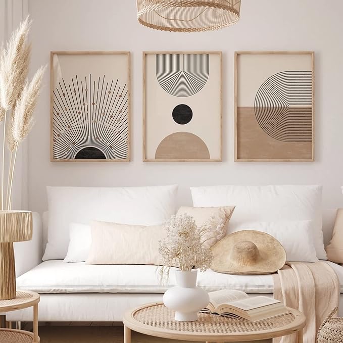 Baccone Mid Century Modern Wall Art Set of 3 Neutral Boho Art Prints Abstract Geometric Wall Art Picture Black Beige Minimalist Painting Canvas Artwork for Living Room Bedroom 12x16 Inch UNFRAMED