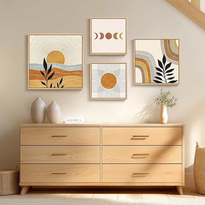 Framed Large Boho Wall Art for Living Room, Set of 4 Piece Mid Century Modern Abstract Orange Canvas Artworks Decor, Minimalist Sun and Moon Botanical Leaf Painting Prints for Bedroom Hallway