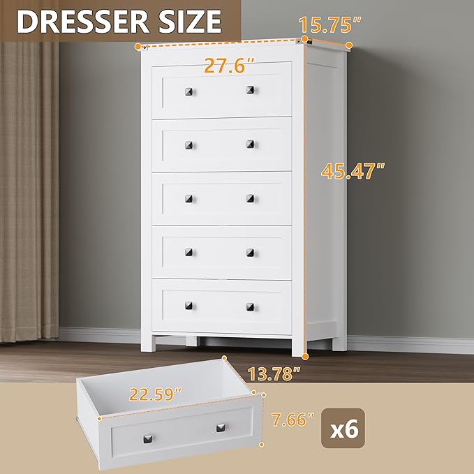 BORNOON Tall 5-Drawer Dresser, Modern Wooden Storage Chest of Drawers, Dresser TV Stand, Wood Drawer Organizer with Metal Handles for Bedroom, Living Room, Hallway