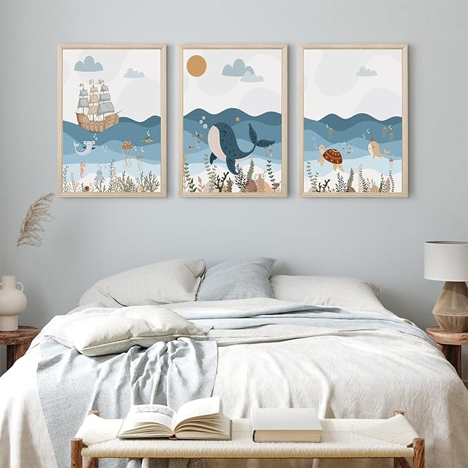 Ocean Nursery Wall Art Pictures Blue Nautical Canvas Art Beach Animal Wall Decor Baby Boys Room Wall Art Sea Whale Prints Ocean Nautical Poster for Nursery Baby Room 12x16 Inch Set of 3 Wood Framed