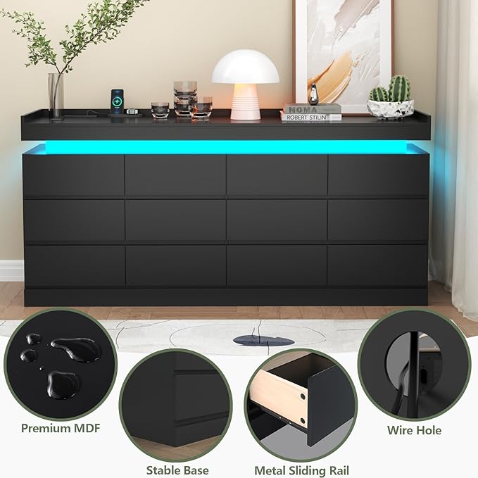 Gyfimoie 12 Drawer Dresser with Power Outlet, Dresser with LED Light, Modern Chest of Drawers for Closet, Double Wide Drawer Organizer Cabinet for Bedroom, Living Room (Black, 12 Drawers)
