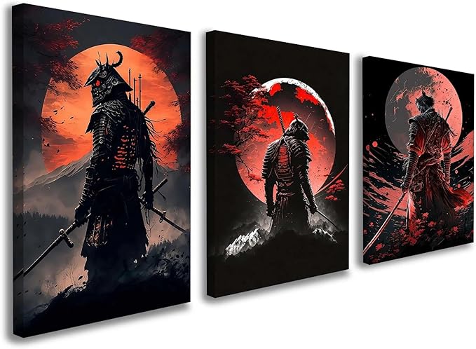 3 Piece Framed Canvas Wall Art, Modern Samurai Warrior Japanese Style Canvas Wall Decor with Red Moon, Set of 3 Wall Art for Living Room Bedroom Office Gaming Room, 12x16 Inch