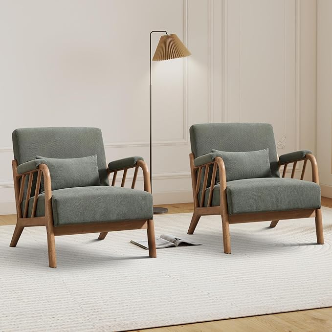 IOMOR Mid Century Modern Accent Chair with Solid Wood Frame, Upholstered Living Room Chairs with Lumbar Cushion Padded Arms, Reading Armchair for Bedroom (2, Olive Green)