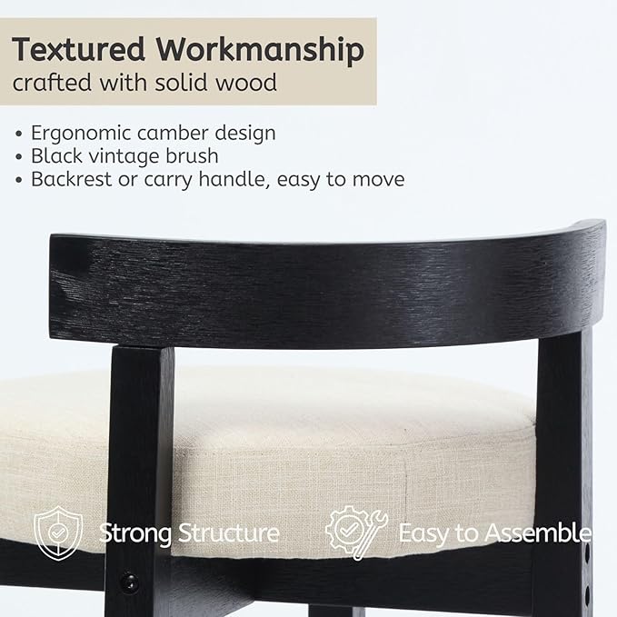 LukeAlon Mid Century Linen Counter Stools Set of 4, Upholstered 26.5” Seat Height Low Barstools with Black Wood Legs Round Low Back Kitchen Stools with Footrest for Dining Room Restaurant, Beige