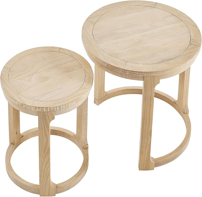 WILLIAMSPACE 24" Round Nesting Coffee Table Set of 2, Solid Wood Coffee Tables Mid Century Rustic Farmhouse Side End Tea Table for Living Room, Apartment (Oak)