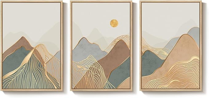 Framed Boho Abstract Mountain Wall Art for Living Room, 3 Piece Modern Nature Landscape Canvas Artwork for Bedroom Walls, Sunset Minimalist Scenic Prints Wall Decor for Hallway Home Office, 16x24 Inch
