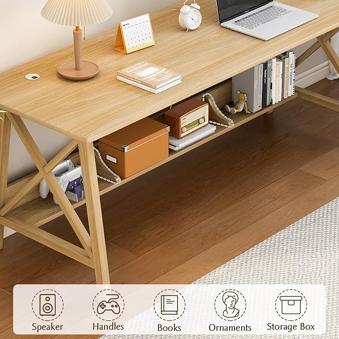 NELYE Extra Long Desk with Bookshelf - Wooden Home Office Work Study Table, Writing Computer Workstation with Storage Shelf in Oak, 47" Wx16 Dx30 H