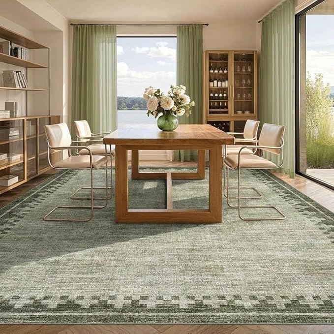 GarveeHome Modern10x13 Washable Bordered Area Rug for Living Room Bedroom Neutral Non Slip Stain Resistant Large Indoor Carpet Foldable Low Pile Dining Room Home Office Rugs, Green