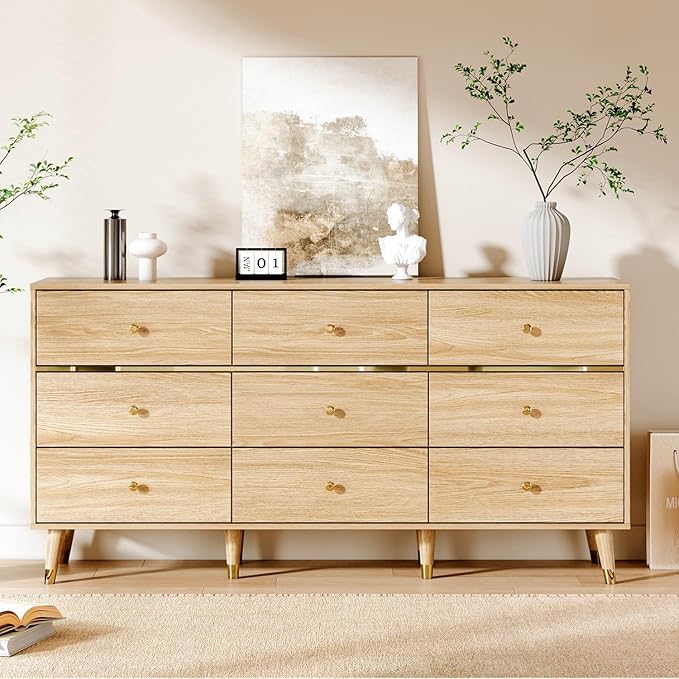 Chrangmay 9 Drawer Dresser,63" Wide Mid Century Modern Chest of Drawers,Wooden Bedroom Drawer Dresser with 9 Storage Drawers for Bedroom, Living Room,with Anti-Tipping Device,Natural
