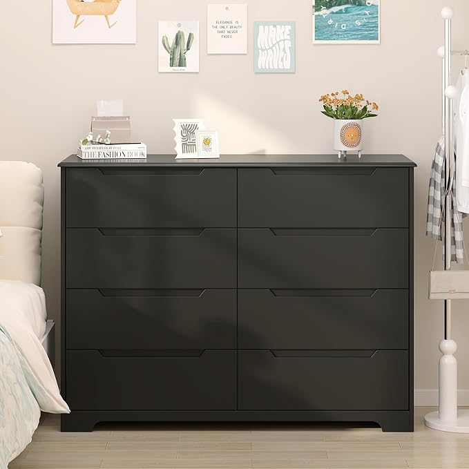 Gizoon 8 Drawer Dresser, 47" Wide Black Dresser for Bedroom with Cut-Out Handles, Modern Wooden Chest of Drawers with Anti-Tip Kit, for Living Room, Hallway, Entryway, Home Office