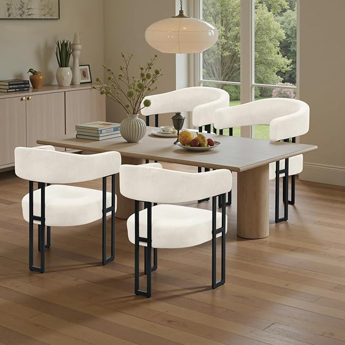 SIMTONAL Mid-Century Modern Dining Chairs Set of 4, Armrest Barrel Dining Chairs Side Accent Chairs with Curved Back, Upholstered Armchairs for Kitchen, Soft Teddy Fleece Surface, White