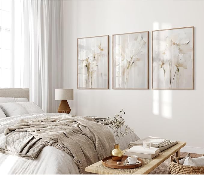 Neutral Wall Art Abstract Floral Canvas Pictures Beige Flower Wall Decor Modern Painting Minimalist Poster Abstract Botanical Prints White Artwork for Bedroom Living Room 16x24 Inch Unframed Set of 3