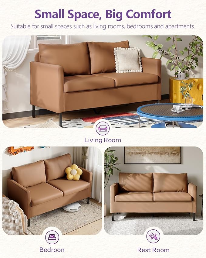TYBOATLE Modern Faux Leather Small Couches for Small Spaces, Comfy Upholstered Brown Love Seat for Dorm, 2 Seater Mini Couch for Bedroom, Apartment, Office, Brown