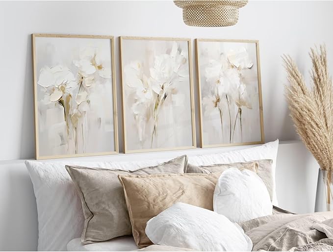 Neutral Wall Art Abstract Floral Canvas Pictures Beige Flower Wall Decor Modern Painting Minimalist Poster Abstract Botanical Prints White Artwork for Bedroom Living Room 12x16 Inch Unframed Set of 3