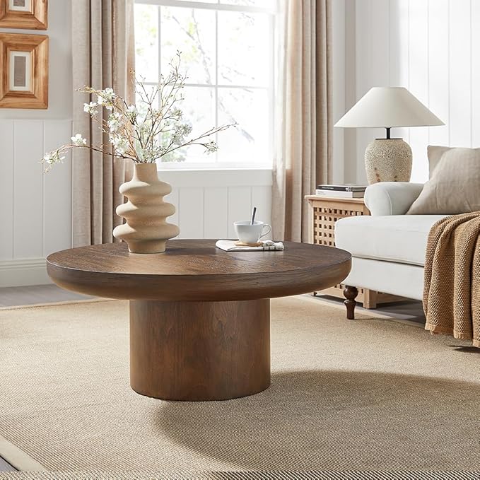 Round Wood Coffee Table for Living Room Modern Circle Coffee Table Pedestal Center Table for Apartment, Easy Assembly Brown