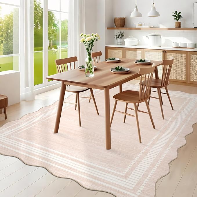 Garvee Washable Rug 8x10 Area Rugs for Living Room Bedroom, Non Slip Low Pile Solid Neutral Soft Carpet, Modern Scalloped Pattern, Faux Wool Floor Mats for Dining Room Home Office, Natural Ivory