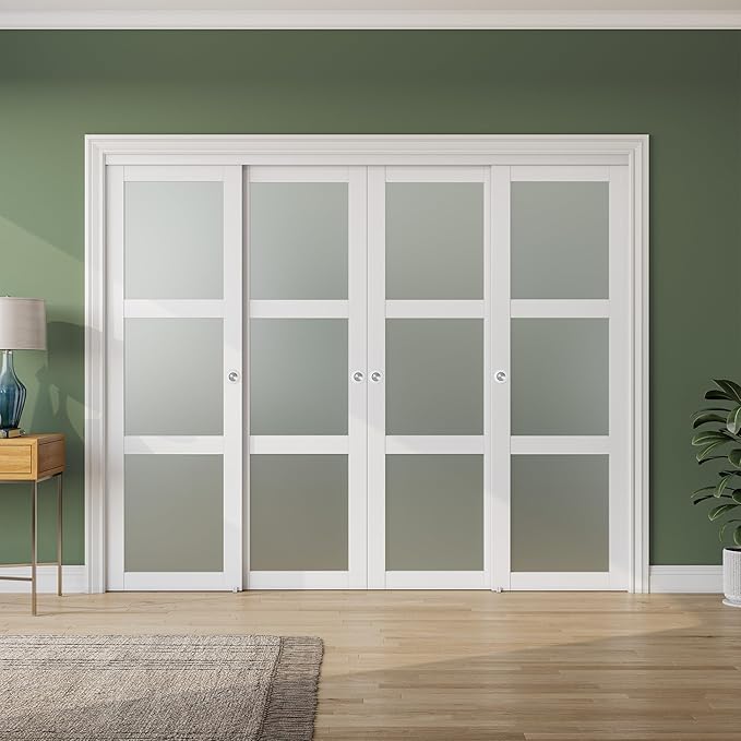 SMARTSTANDARD Sliding Closet Door 96x80(Double 48") Inch, Bypass Frosted Glass 3-Lite,Hardware Kit with Handles Included, Preassembled MDF with PVC Panels for Easy Install, White