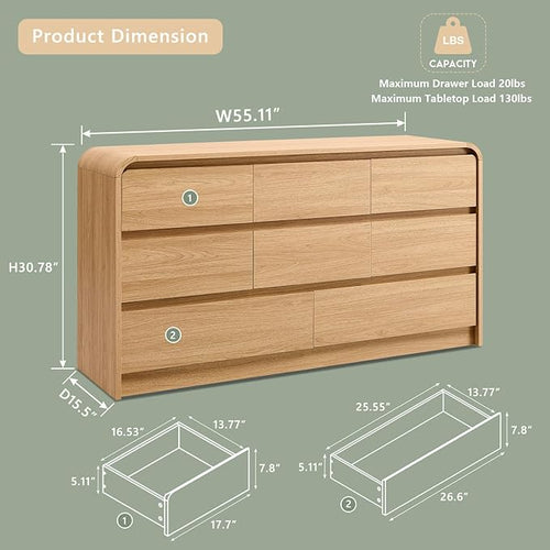 Aitjunz Modern 8 Drawers Dresser for Bedroom, 55" Wide Dressers & Chest of Drawers w/Curved Profile Design, Wood Mid Century Storage Dressers Organizer for Bedroom, Living Room, Natural Oak