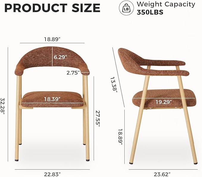DUMOS Dining Chairs Set of 2, Linen Fabric Upholstered Kitchen Side Chairs with Curved Backrest & Metal Legs, Modern Farmhouse Accent Chairs for Dining Room Kitchen Living Room Cafe, Orange