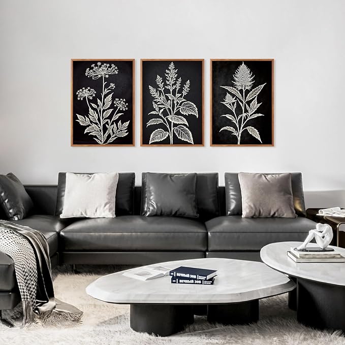 HPNIUB Vintage Floral Framed Canvas Wall Art Set, Minimalist Botanical Wall Decor, Nature Inspired Wildflower Leaf Wall Painting, Neutral Artwork for Living Room, Office(Set of 3,12X16 Inch)