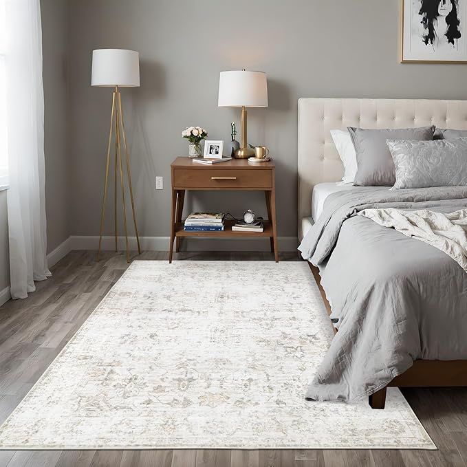 Washable 4×6 Area Rug for Living Room, Vintage Floral Rug Soft Non Slip Stain Resistant Boho Carpet for Indoor Bedroom Dinning Room Home Office Beige New