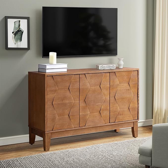 HULALA HOME Modern Kitchen Buffet Cabinet Storage Sideboard with 3D Geometric Design, Freestanding Floor Cabinet with 3 Doors & 2 Adjustable Interior Shelves for Living & Dining Room Hallway, Seadrift