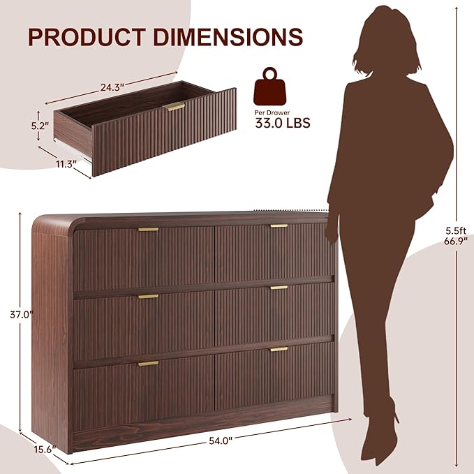 FURSUN Fluted 6 Drawers Dresser for Bedroom, 54" Wide Wooden Dresser with Metal Handle, Curved Profile Design, Modern Storage Organizer for Bedroom, Living Room, Hallway, Dark Walnut