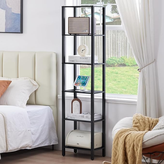 YUFAM 66in Tall Bookshelf 6-Tier Small Narrow Bookcase, Skinny Book Shelf for Small Space, Farmhouse Slim Shelf with Storage, Wood Freestanding Display Thin Bookshelves for Living Room, Office, Black