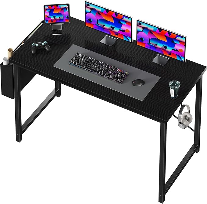 OLIXIS Computer Desk 47 Inch Home Office Desks for Small Spaces, Gaming Writing Study Work Table with Storage Bag and Headphone Hook for Bedroom, Black