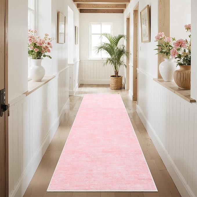 RUGSREAL 2x6 Runner Rug Washable Kitchen Runner Rug Modern Abstract Runner Mat for Hallway Contemporary Solid Rug Non-Slip Foldable Aesthetic Accent Floor Carpet for Living Room Bedroom, Pink