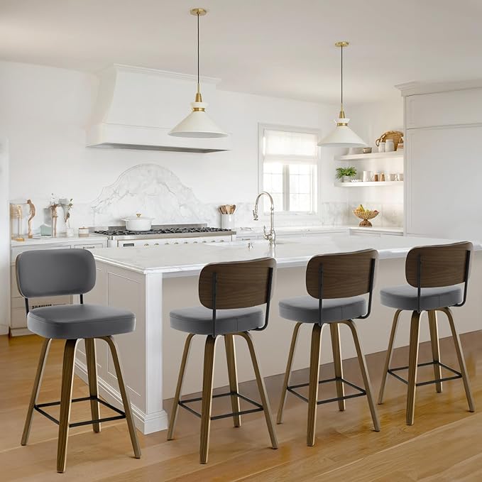 Bekrvio Swivel Counter Height Bar Stools Set of 4, 26" Upholstered Faux Leather Barstools with Back and Bent Wood Legs, Mid Century Modern Bar Chair Island Stool for Kitchen Counter, Grey