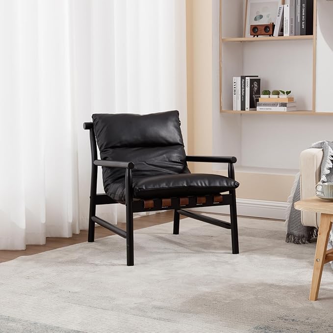 DUOMEI Faux Leather Accent Chair, Mid Century Modern Living Room Chairs with Solid Wood Frame, Upholstered Lounge Reading Chair Comfy Arm Chair Cozy Recliner for Bedroom/Guest Room, Black
