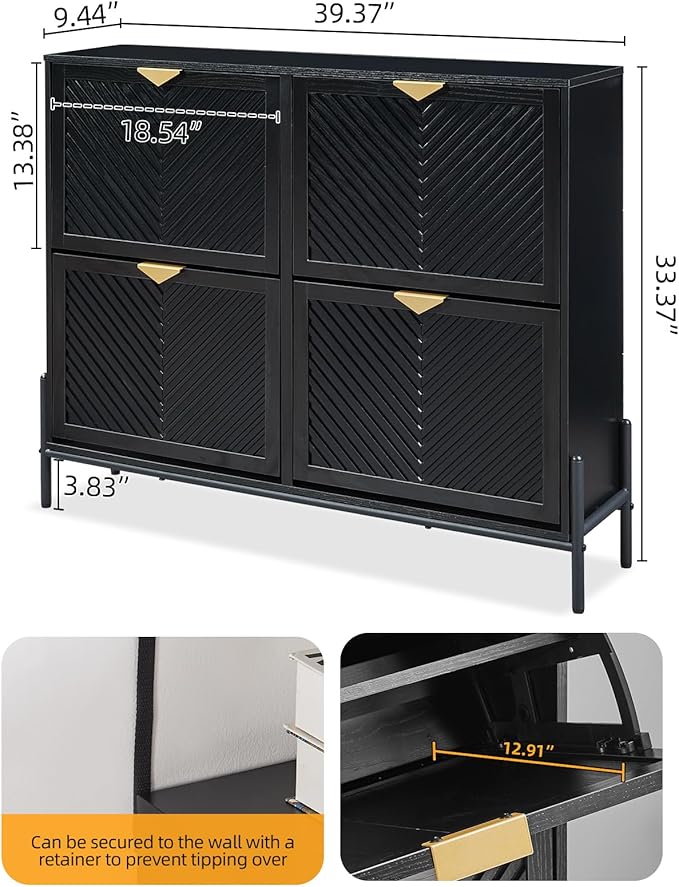 Shoe Cabinet Storage with 4 Flip Drawers, Narrow Hidden Shoes Organizer Cabinet for Entryway, Freestanding Slim Shoe Rack Front Door Entrance(Black)