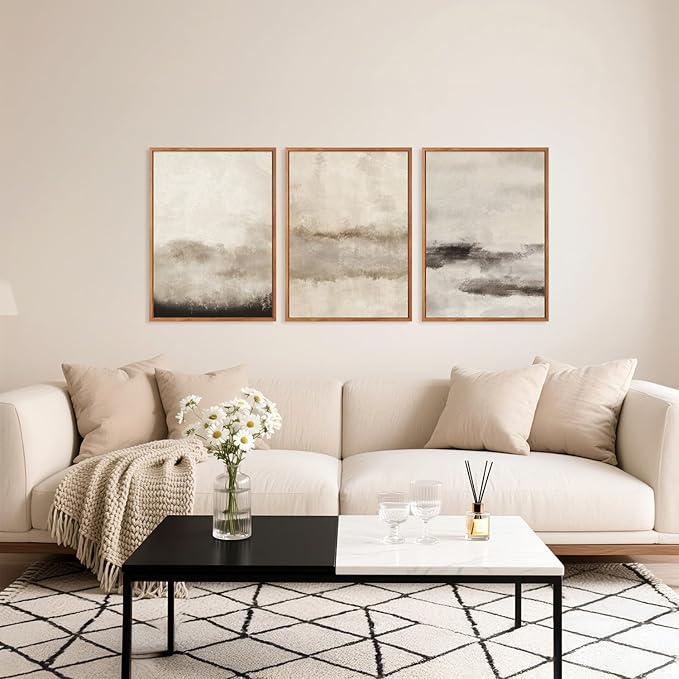 HPINUB Large Abstract Framed Canvas Wall Art Set,Minimalist Beige Gray Pastel Watercolor Wall Decor,Modern Illustration Neutral Art Painting for Living Room,Dining Room,Office(Set of 3,12X16 Inch)