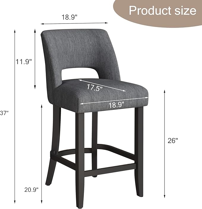 VKNOW Bar Stools Set of 4, 26" Upholstered Counter Height Bar Stools, Modern Counter Stools with Black Legs for Kitchen Island Dining Room Bar, Dark Grey-Black Legs