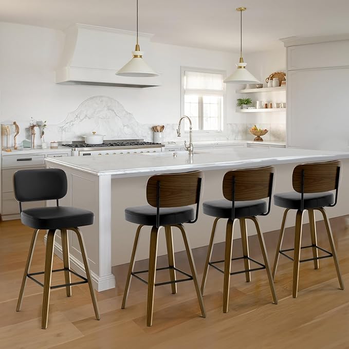Bekrvio Swivel Bar Stools Set of 4, 29" Upholstered Faux Leather Barstools with Back and Bent Wood Legs, Mid Century Modern Bar Chair Island Stool for Kitchen Counter, Black