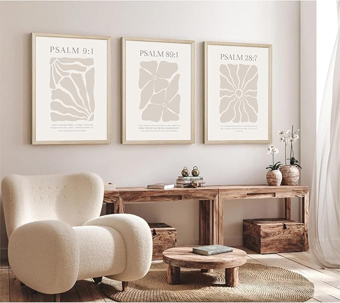 Scripture Christian Wall Art Set of 3 Beige Bible Verses Wall Decor Neutral Psalm Canvas Wall Art Modern Pictures Flower Prints Christian Artwork for Living Room Bedroom 12x16 Inch Framed