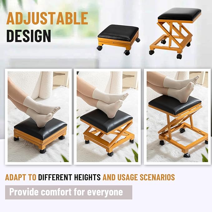 CroBlissful 1 Pack Rolling Adjustable Foot Rest Foldable Under Desk Ottoman with Wheels Leather Foldaway Guitar Foot Stool for Home Office Living Room Bedroom