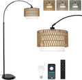 eyassi Arc Floor Lamp with Remote, Modern LED Floor Lamp with Dimmable Bulb, Boho Farmhouse Standing lamp with Fabric & Rattan Lampshades, Height Adjustable Black Tall Lamp for Living Room Bedroom