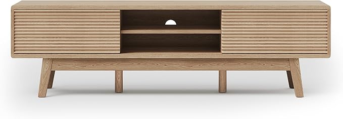 TOLEAD 59" TV Console, Mid Century Modern Media Console for 55/60/65 Inch TV, Low Profile TV Stand with Fluted Sliding Doors, Boho Light Wood Credenza for Living Room, Oak