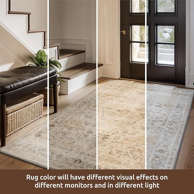 AMOAMI-Area Rug 5X7 Rugs for Living Room-Vintage Soft Beige Rugs for Bedroom-Non Slip Carpet-Machine Washable Rug for Dining Room Living Room Bedroom Office Under Table-Beige