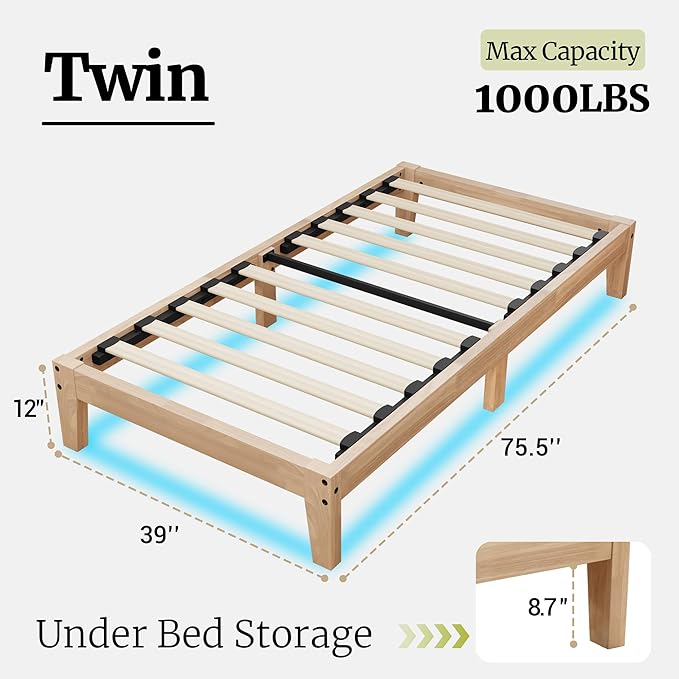 Awesofurni Twin Bed Frame with LED Lights, 12 Inch Solid Wood Platform Bed with Wooden Slats, Natural Finish, No Box Spring Needed, Noise Free - Easy Assembly