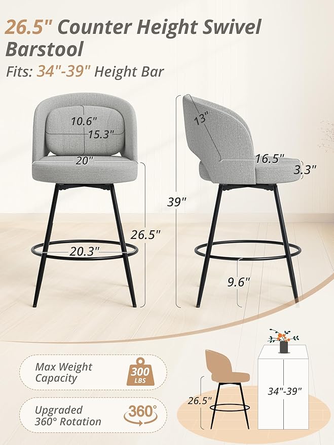 LUE BONA 26''H Swivel Bar Stools Set of 3, Counter Height Bar Stools with Backs, Lumbar Pillow and Black Metal Frames, Upholstered Morden Barstools for Kitchen Island, Linen Farbic, Gray